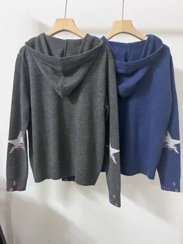Осенний женский кардиган с завязками 2023 г., серый или синий, молния со звездами, 100% кашемировый повседневный женский свитер, пальто