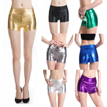 Женские шорты, блестящие металлизированные Шорты из искусственной кожи, однотонные шорты с эластичным шнурком, сценический танцевальный костюм для ночного клуба, короткие плавки