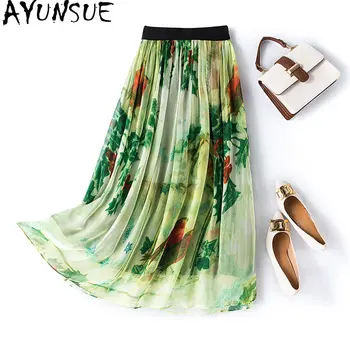 Юбка из натурального шелка 95% тутового, женская летняя зеленая юбка с цветочным рисунком, женская одежда, тонкая юбка с эластичной резинкой на талии юбка летняя