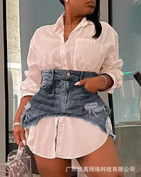 2023 Женская Новая Модная Джинсовая юбка, Комбинированный комплект из двух предметов, Однотонная рубашка + Джинсовая юбка, Тонкий Милый Комплект Юбок для Женщин