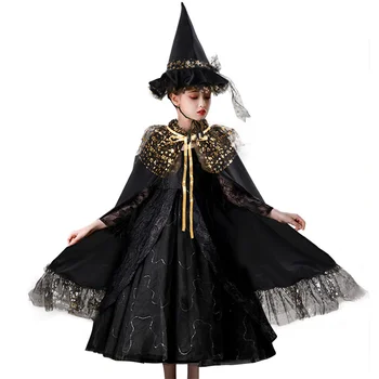 Детский Бархатный плащ DAZCOS с блестящими оборками, Волшебные накидки ведьмы, Черная шляпа ведьмы для Хэллоуина, Рождественская игра, наряды для вечеринок