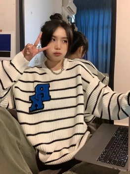 Хоучжоу, винтажный свитер в стиле Харадзюку, Женские пуловеры Оверсайз с вышивкой в виде буквы 