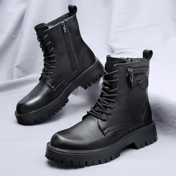 Мужские черные ботильоны в британском стиле из натуральной кожи, дизайнерская обувь с высоким берцем, мужские качественные мотоциклетные ботинки, мужские ботинки на платформе