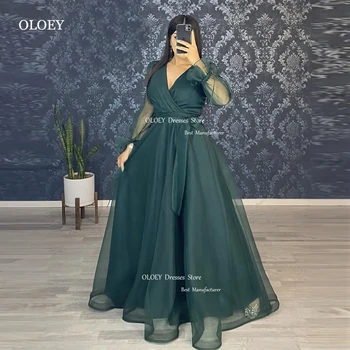 OLOEY, винтажные зелено-синие платья для выпускного вечера из органзы с V-образным вырезом и лентами в пол, Дубай, Аравия, Женское длинное официальное вечернее платье
