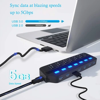 RYRA 7-портовый USB 3,0 концентратор-разветвитель со скоростью передачи данных 5 Гбит/с подходит для ноутбука, оснащенного независимым выключателем и подсветкой