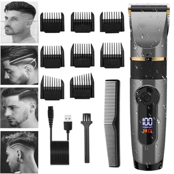 Профессиональный беспроводной триммер для волос для мужчин, комплект регулируемой машинки для стрижки бороды и тела, электрическая перезаряжаемая стрижка, машинная стирка