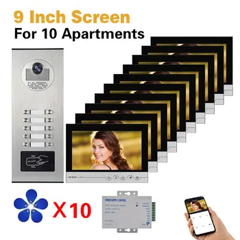 Умный Видеодомофон Tuya Wifi для 6/8/10 квартир с 9-Дюймовым Экраном и RFID-картой/приложением для Разблокировки Дверного Звонка с камерой Systerm