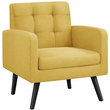 Современное кресло Smile Mart с акцентом в виде хохолка с ножкой из каучукового дерева для гостиной, желтая мебель