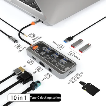 10 в 1 USB C КОНЦЕНТРАТОР PD 100 Вт Type C до 4K/30 Гц для док-станции для ноутбука, Разветвитель, Совместимый с HDMI, PD USB RJ45, VGA, PD, TF/SD Кард-ридер