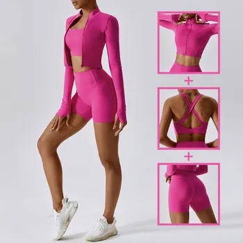 Комплект женских шорт для йоги из 3 предметов, брюки с высокой талией, Спортивный бюстгальтер, куртка, костюм для фитнеса, Противоударная облегающая одежда для йоги