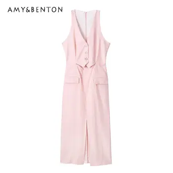 Элегантное модное прямое платье без рукавов с V-образным вырезом в европейском и американском стиле, летнее новое женское розовое льняное платье средней длины