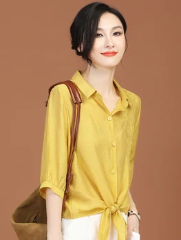 Женская блузка HCXR 2023, Летняя Повседневная рубашка с коротким рукавом и Отложным воротником, Свободный Топ с Завязанным подолом, Вышивка в стиле Ретро, Женская рубашка