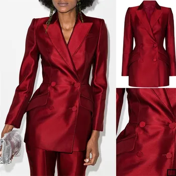 Красные женские костюмы из 2 предметов, роскошный двубортный Официальный Длинный блейзер + брюки, Смокинги, комплект костюмов для свадебного выпускного вечера