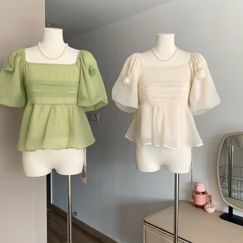 Летняя Женская блузка 2023, рубашка с пузырчатым рукавом, Маленький Свежий стиль, Элегантный и уникальный Топ в повседневном стиле
