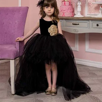 Черное платье Принцессы с аппликацией из тюля и цветочным узором для девочек, без рукавов, с круглым воротником, для Свадебной вечеринки, Детские платья для свадебного причастия