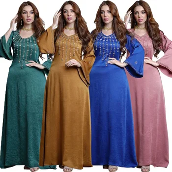 Бриллианты для 2023 Abayas Женское Мусульманское Длинное Платье Макси Турция Арабский Ислам Платья с V-образным вырезом и Расклешенными рукавами Дубай Халабия Кафтан Вечерние