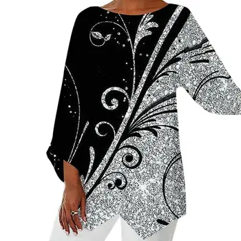 Свободная Женская Блузка с круглым вырезом и Девятыми рукавами, Нерегулярный подол, Летняя Футболка с геометрическим рисунком, Женская блузка в винтажном стиле