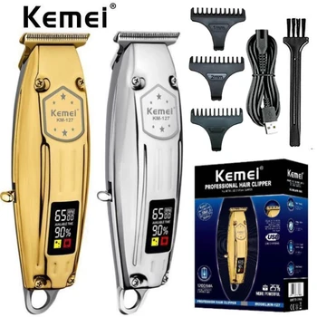 Электрическая машинка для стрижки волос Kemei KM-127 с быстрой зарядкой, металлический корпус, салонный профессиональный триммер с ЖК-дисплеем