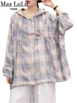 Max LuLu Британский Дизайн 2021, Осенние Повседневные Клетчатые Женские Хлопчатобумажные Рубашки Большого размера, Винтажные Свободные женские Блузки С капюшоном, Элегантная одежда