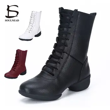 Ботинки для джазовых танцев, женские теплые ботинки для бальных танцев, современные вечерние туфли на квадратной подошве на среднем каблуке 4 см, осенне-зимние танцевальные кроссовки