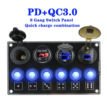 Светодиодный индикатор напряжения 6 Банд 12/24 В для автомобиля RV Marine PD USB QC3.0, панель для быстрой зарядки, автомобильный переключатель