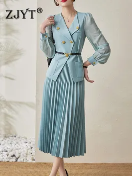 ZJYT Элегантная женская офисная одежда для женщин 2023, Весенний Дизайнерский Блейзер, топ и плиссированная юбка, костюм для вечеринки, комплект из 2 предметов