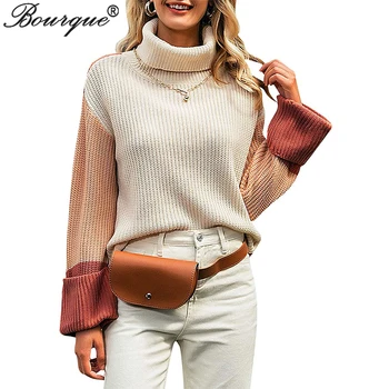 Осенне-зимний женский свитер, водолазка в стиле пэчворк с Длинным рукавом, теплый Элегантный Женский вязаный пуловер, Офисная женская одежда