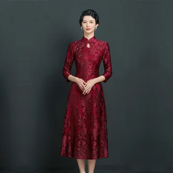 Китайские Платья Cheongsams Бордового цвета для матери Невесты 2023 для Свадеб с Чепчиком Vestido Invitada Boda, Свадебное платье для вечеринки